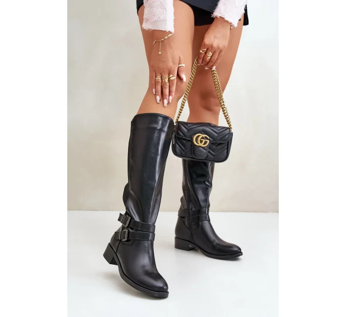 Dámské Kozačky Pod Kolena Na Plochém Podpatku S Přezkami Černé Lotina