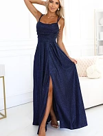 589-2 Dlouhé šaty s jemným třpytem a korzetovým zavazováním na zádech - tmavě modré s třpytkami