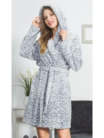 Dámský župan krátký s kapucí Leopard grey