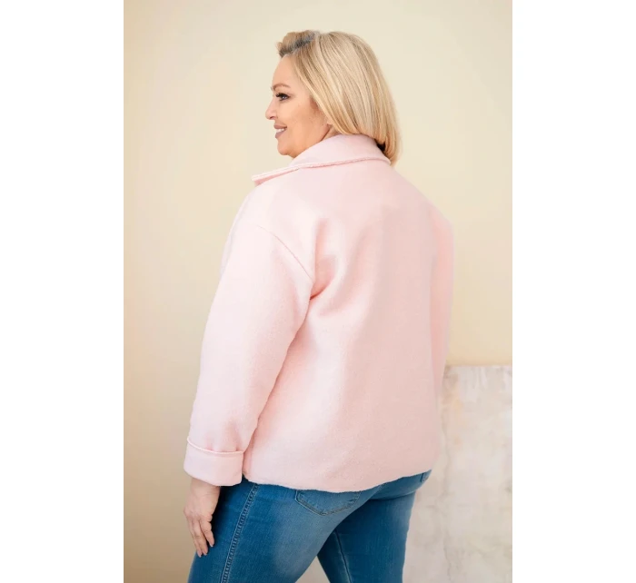 Dámská bunda Plus Size s vlněnou strukturou a kapsami pudrově růžová