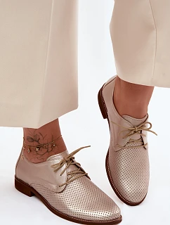 Kožené dámské elegantní šněrovací polobotky model 22136719 Zlaté - Zazoo