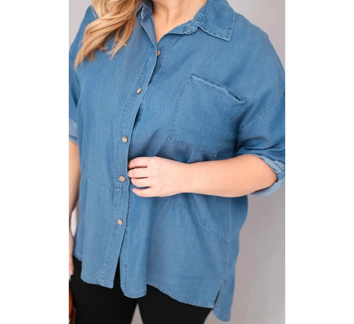 Dámská košile Plus Size z lyocellu s prodlouženým zadním dílem a rukávem na knoflík džínová