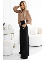 dámská halenka v karamelové barvě v stylu s dlouhými rukávy, vázáním a knoflíky model 20722306 - numoco