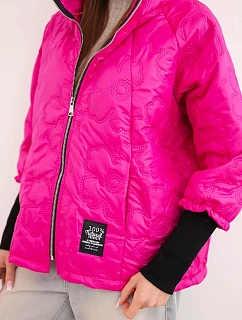 Dámská jarní prošívaná bunda s ozdobným vzorem a zipem růžový neon