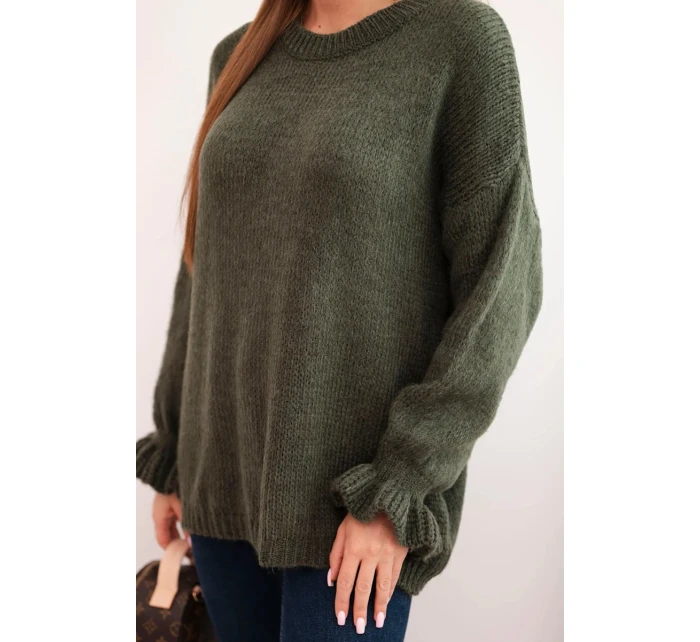 Dámský svetr s přídavkem mohéru a vlny volného střihu khaki Dámský svetr s přídavkem mohéru a vlny volného střihu khaki