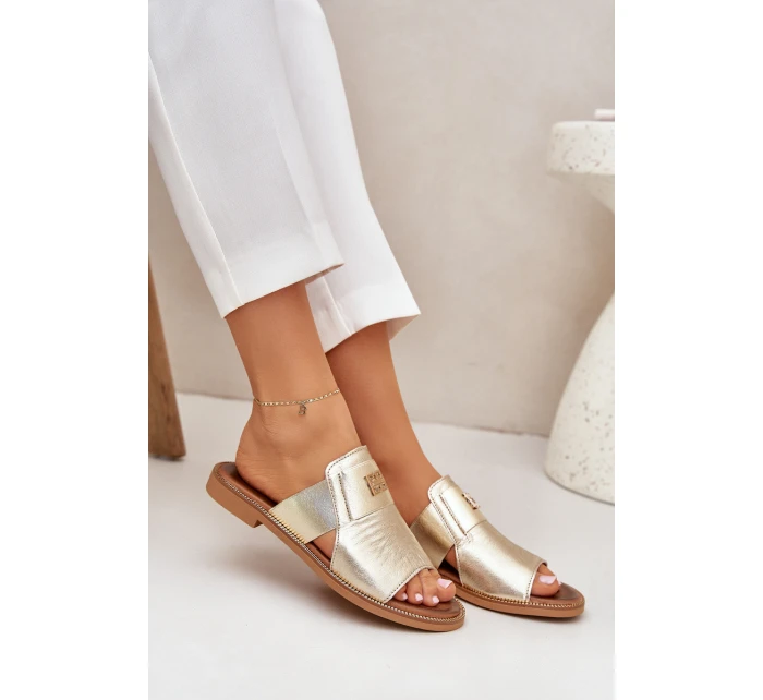 Elegantní Pantofle Z Přírodní Kůže Na Plochém Podpatku model 21684082 Zlaté - Zazoo