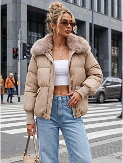 Dámská zimní prošívaná bunda s kožešinou, béžová, FashionStreet TY5816