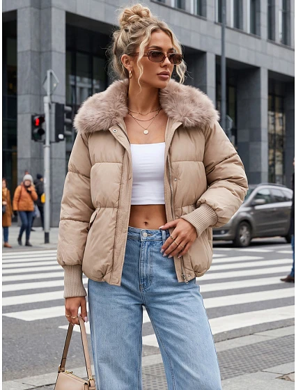Dámská zimní prošívaná bunda s kožešinou, béžová, FashionStreet TY5816 Dámská zimní prošívaná bunda s kožešinou, béžová, FashionStreet TY5816