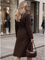 Dlouhý dámský dvouřadý kabát s páskem v čokoládové barvě FashionStreet NY0816 Dlouhý dámský dvouřadý kabát s páskem v čokoládové barvě FashionStreet NY0816