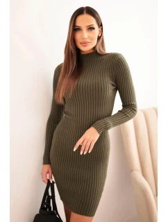 Dámská viskózová pruhovaná šaty s dlouhým rukávem a stojáčkem khaki
