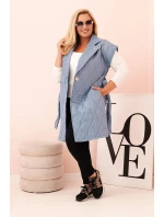 Dámská vesta Plus Size prošívaná s páskem a límcem džínová barva