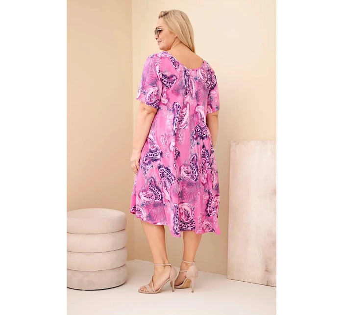 Dámské viskózové šaty ve velikosti Plus Size s krátkým rukávem a paisley vzorem tmavě růžová