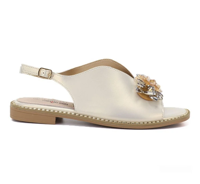 Dámské kožené ploché sandály s krystaly zlaté S.Barski 61-6004