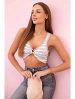 Top dámský pruhovaný s ozdobným zlatým detailem a hlubokým výstřihem šedá