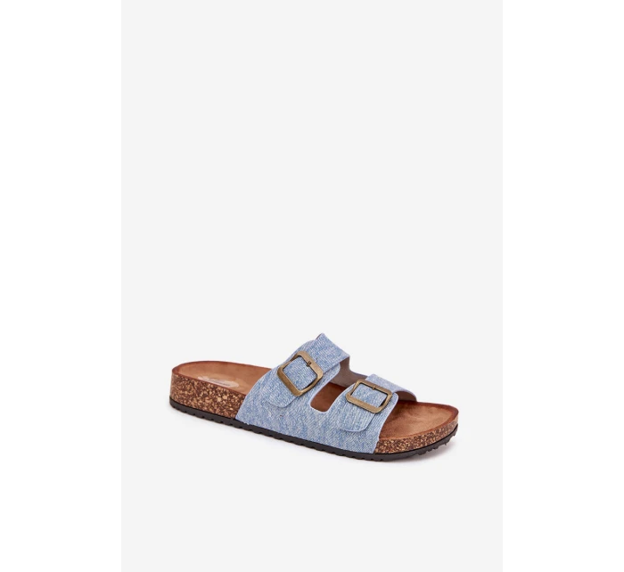 Dámské pantofle na korkové platformě s přezkami – světlý denim