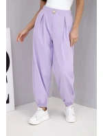 Dámské bavlněné kalhoty s vysokým pasem a ozdobným knoflíkem světle fialové