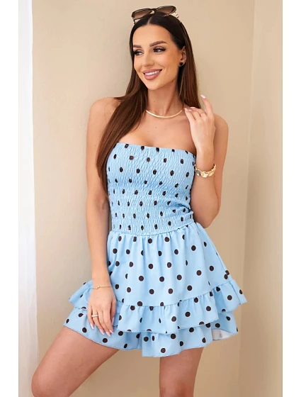 Dámský viskózový overal s puntíky a volánem modrý