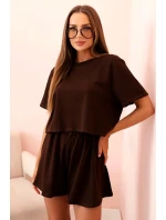 Dámský bavlněný komplet s širokými šortkami hnědý