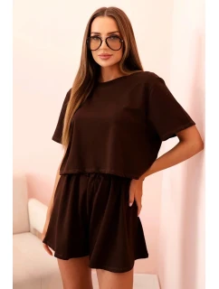 Dámský bavlněný komplet s širokými šortkami hnědý