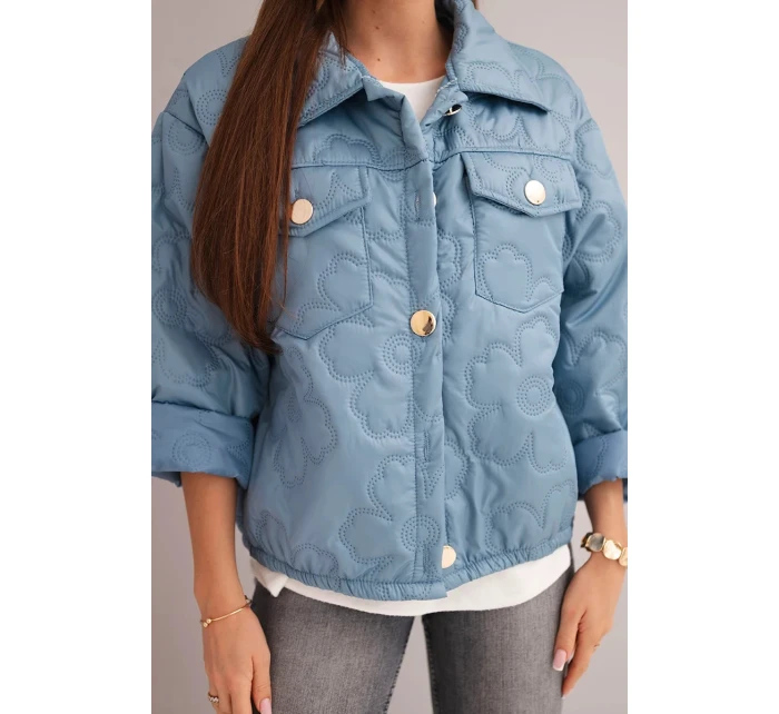 Dámská jarní prošívaná bunda s květinovým vzorem džínová zelená