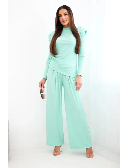 Dámská bavlněná souprava s halenkou a kalhotami s širokými nohavicemi mátová Dámská bavlněná souprava s halenkou a kalhotami s širokými nohavicemi mátová