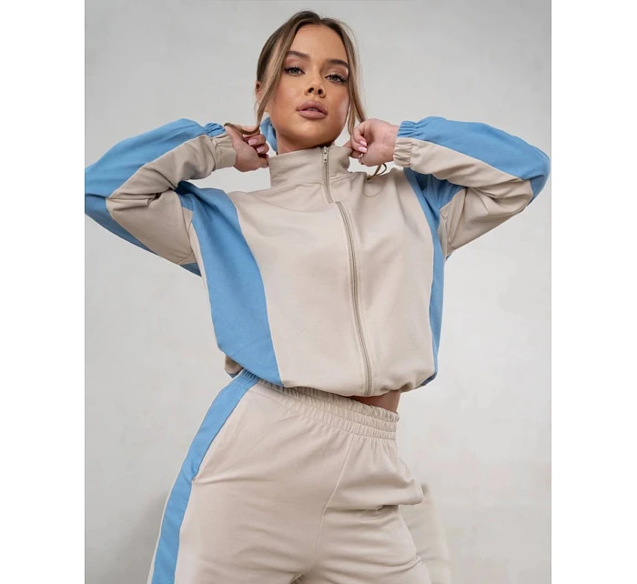 Tepláková souprava mikina na zip + široké kalhoty béžovo-modrá (821151)