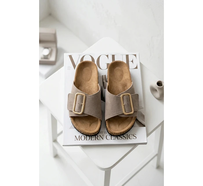 Kožené semišové dámské pantofle s přezkou tmavě béžové Beryl