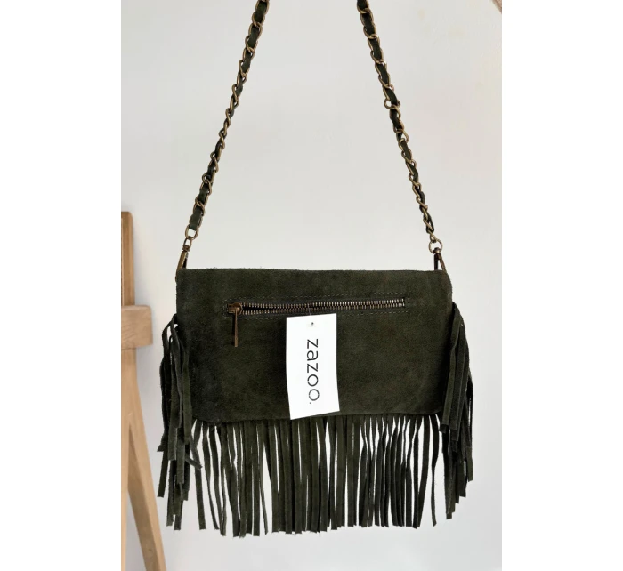 Dámská semišová kabelka s třásněmi na řetízku Narella – tmavě zelená