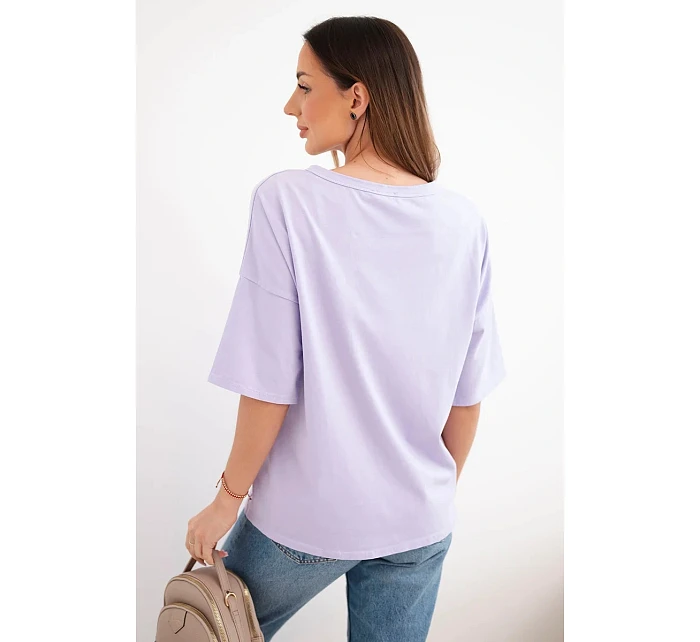 Dámská bavlněná oversize halenka s krátkým rukávem a módním potiskem světle fialová