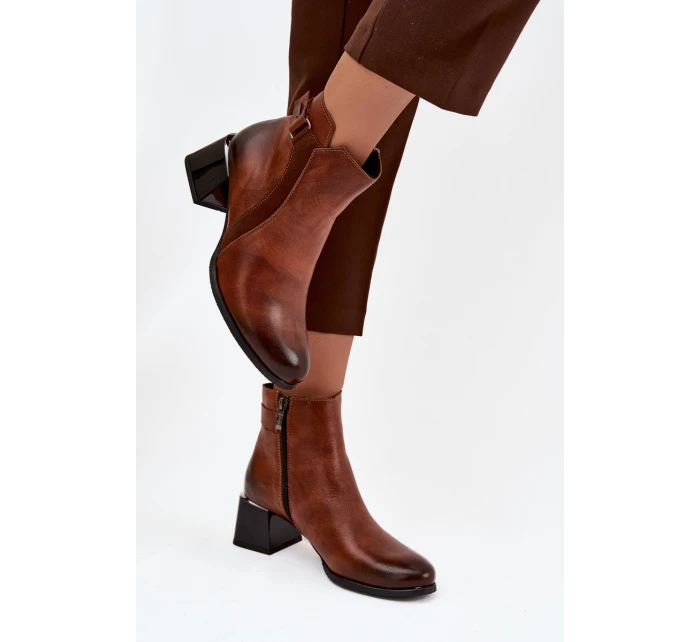 Kožené dámské boty na podpatku s vyhříváním Zazoo 60563 hnědé