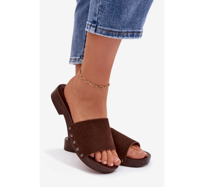 Dámské pantofle s přezkami na nízkém podpatku Čokoládové Amelvessa