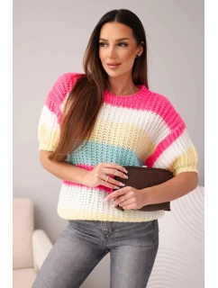 Dámský svetr s krátkým rukávem v barevných pruzích a otvorený růžový neon