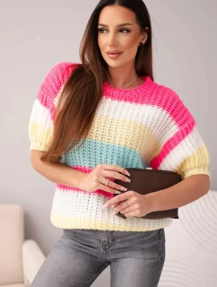 Dámský svetr s krátkým rukávem v barevných pruzích a otvorený růžový neon