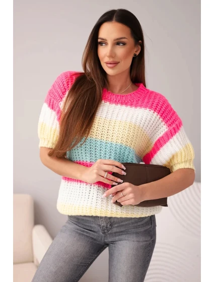 Dámský svetr s krátkým rukávem v barevných pruzích a otvorený růžový neon