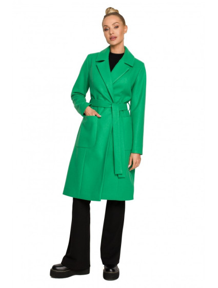 M708 Fleecový kabát s páskem a kapsami - zelený