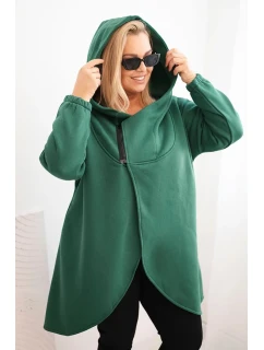 Dámská mikina Plus Size zateplená s kapucí a asymetrickým zipem tmavě zelená