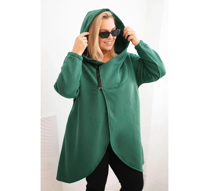 Dámská mikina Plus Size zateplená s kapucí a asymetrickým zipem tmavě zelená
