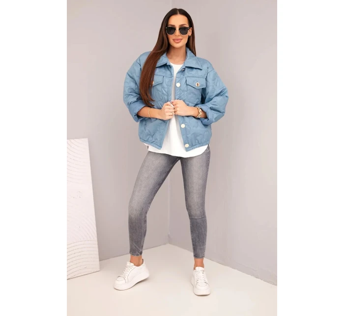 Dámská jarní prošívaná bunda s květinovým vzorem džínová zelená