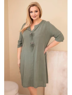 Dámské bavlněné šaty Plus Size s vázáním u výstřihu khaki