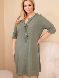 Dámské bavlněné šaty Plus Size s vázáním u výstřihu khaki