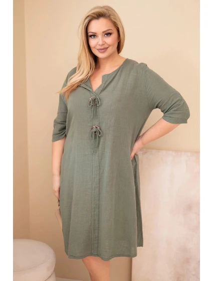Dámské bavlněné šaty Plus Size s vázáním u výstřihu khaki