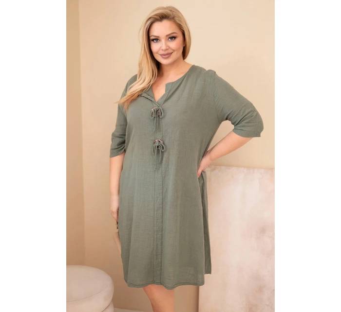 Dámské bavlněné šaty Plus Size s vázáním u výstřihu khaki