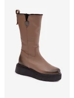 Kožené Dámské Kozačky S Tmavě Béžové model 21821669 - Zazoo