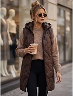 Dlouhá dámská prošívaná vesta s kapucí, čokoládová, FashionStreet TY6014 Dlouhá dámská prošívaná vesta s kapucí, čokoládová, FashionStreet TY6014