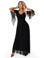 655-1 Dlouhé lehké třpytivé šaty s výstřihem a průhlednými rukávy - černé 655-1 Dlouhé lehké třpytivé šaty s výstřihem a průhlednými rukávy - černé