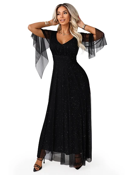 Dlouhé lehké třpytivé šaty s výstřihem a rukávy černé model 21802210 - numoco basic