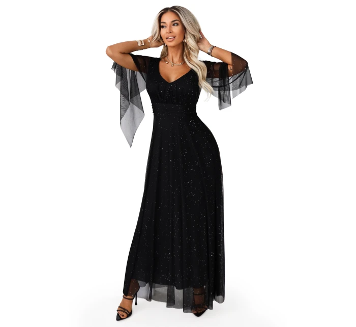 655-1 Dlouhé lehké třpytivé šaty s výstřihem a průhlednými rukávy - černé 655-1 Dlouhé lehké třpytivé šaty s výstřihem a průhlednými rukávy - černé