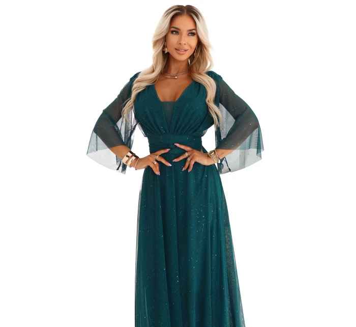654-1 Dlouhé lesklé plus size šaty s výstřihem a průhlednými rukávy - lahvově zelené 654-1 Dlouhé lesklé plus size šaty s výstřihem a průhlednými rukávy - lahvově zelené