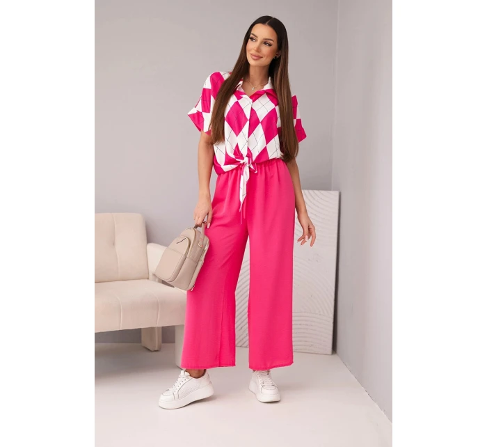 Dámská souprava viskózová halenka s vázáním a kalhoty s gumou fuchsie