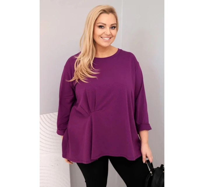 Dámská blůza plus size s bavlnou a dlouhým rukávem a nařasením tmavě fialová